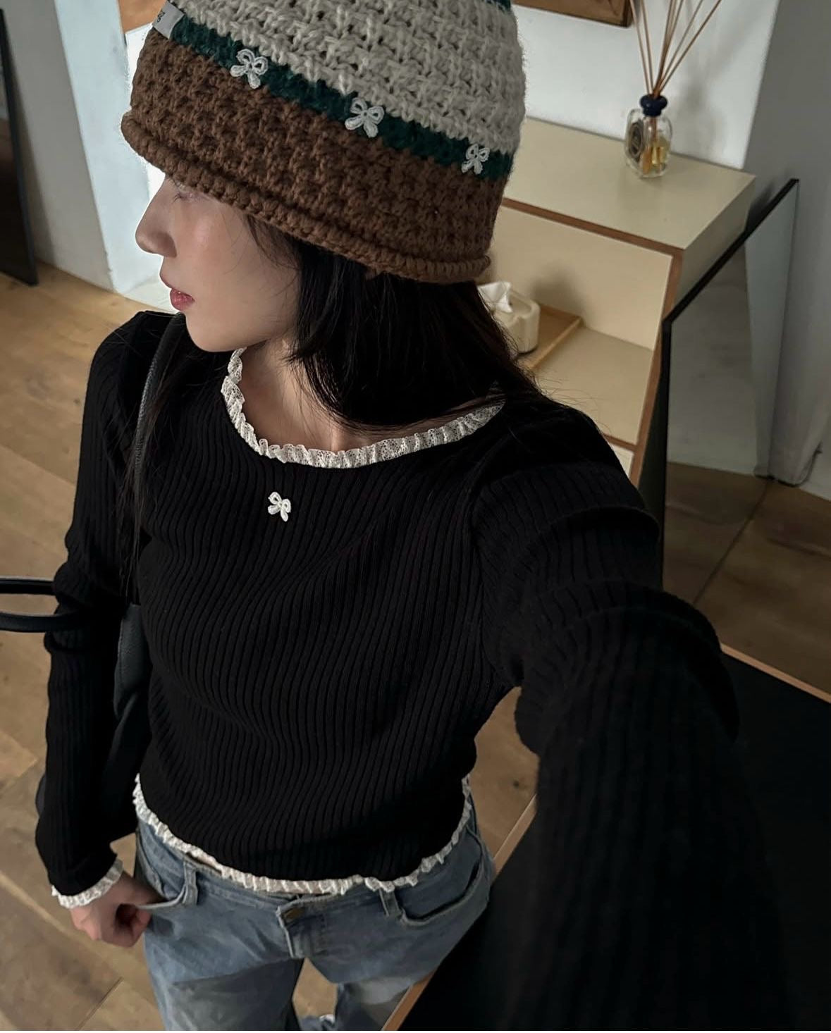 蝴蝶結Lace邊直紋Top