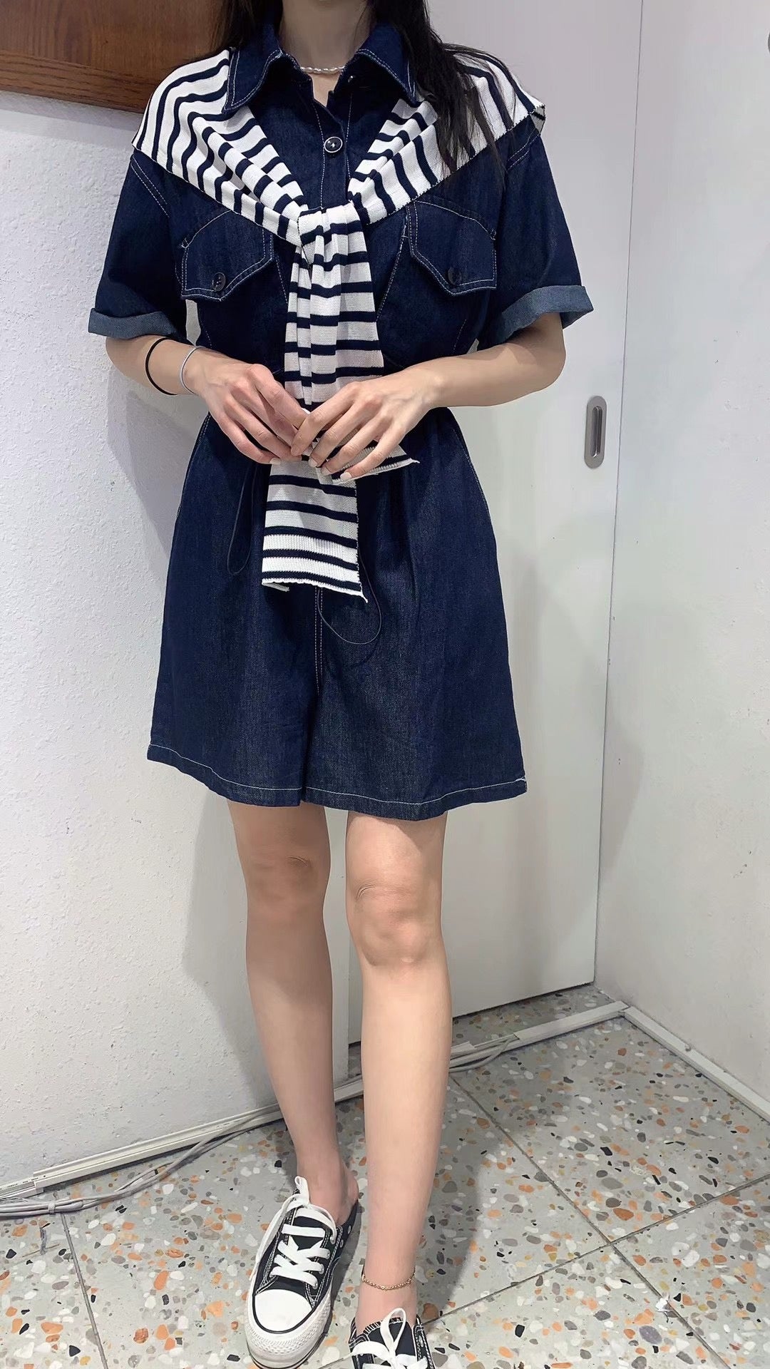 現貨💜間條披肩連牛仔Ops(披肩可拆)