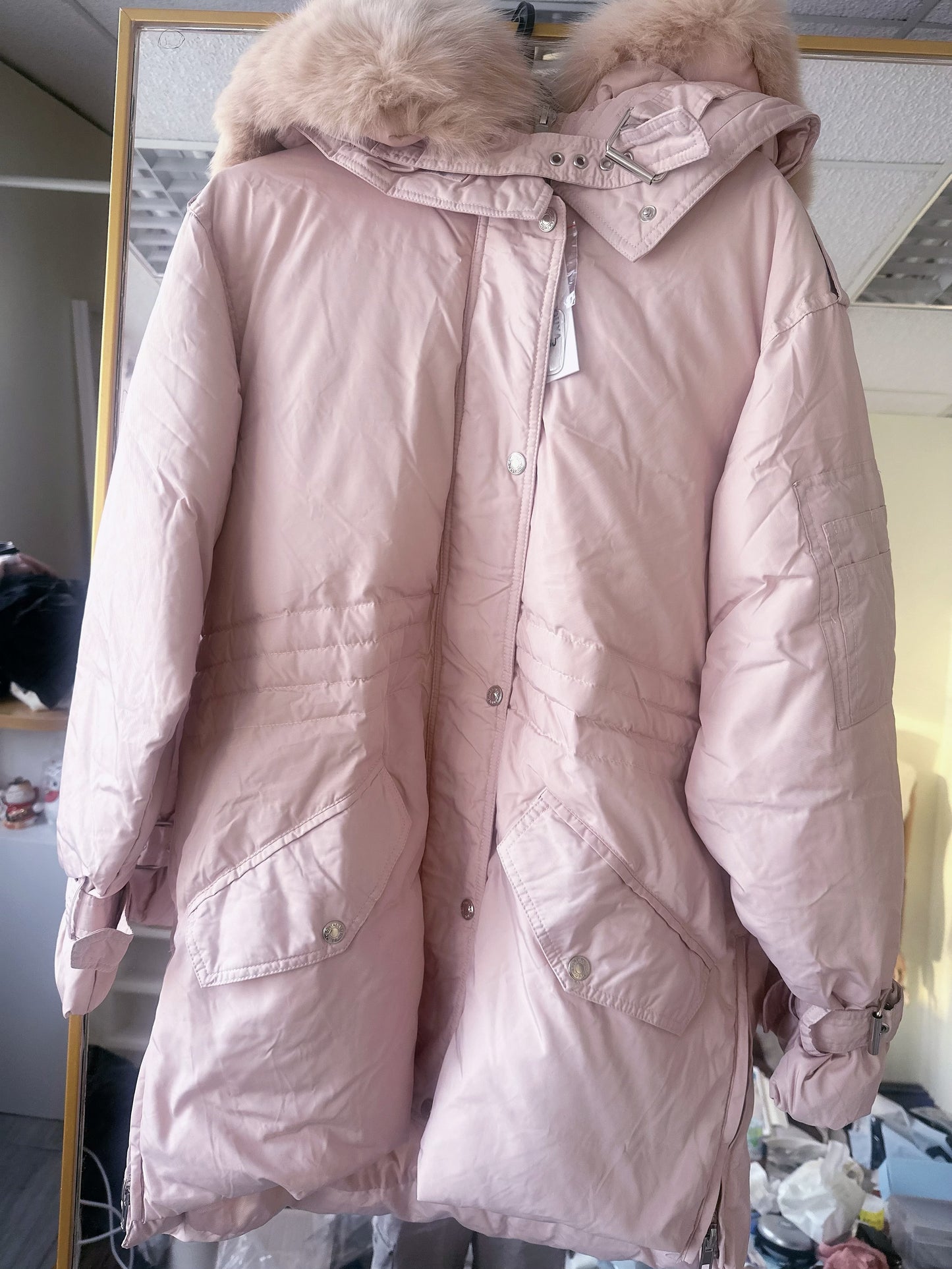 現貨💙收腰粉色毛毛帽長羽絨