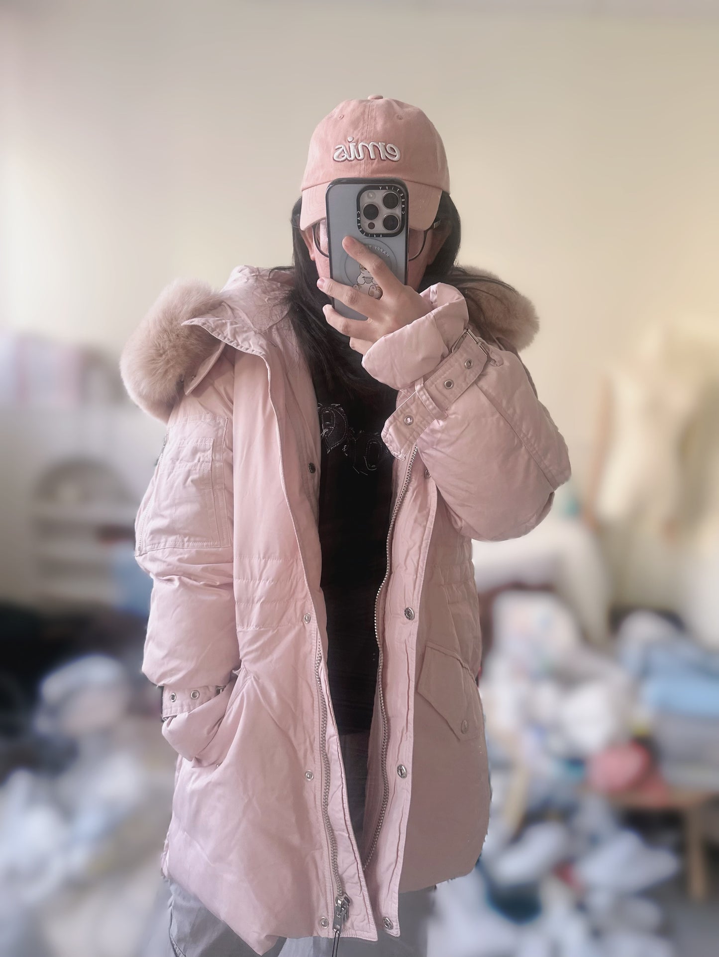 現貨💙收腰粉色毛毛帽長羽絨